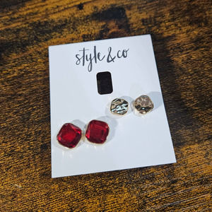 Style & Co Ruby Red Crystal Look Hammered Gold Stud Earrings 2 Pair Set NWT